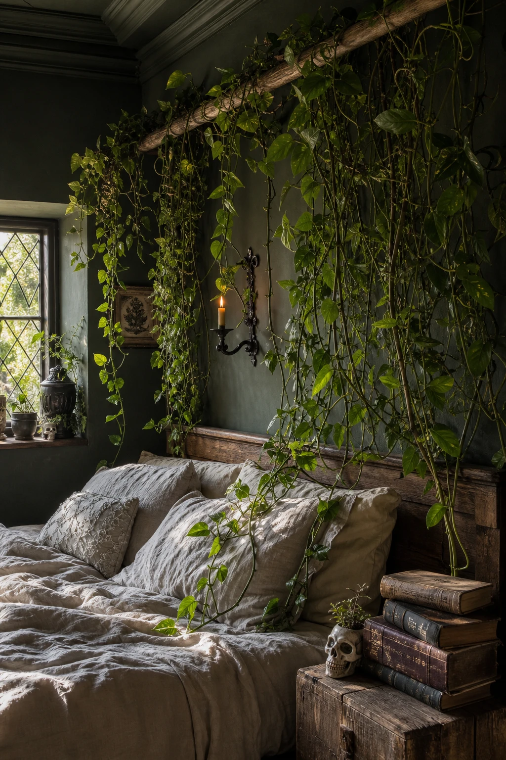 Cozy witchy cottage bedroom with hanging vines cascading from ceiling hooks over a bed dressed in mossy linen, walls painted deep Farrow and Ball Treron green