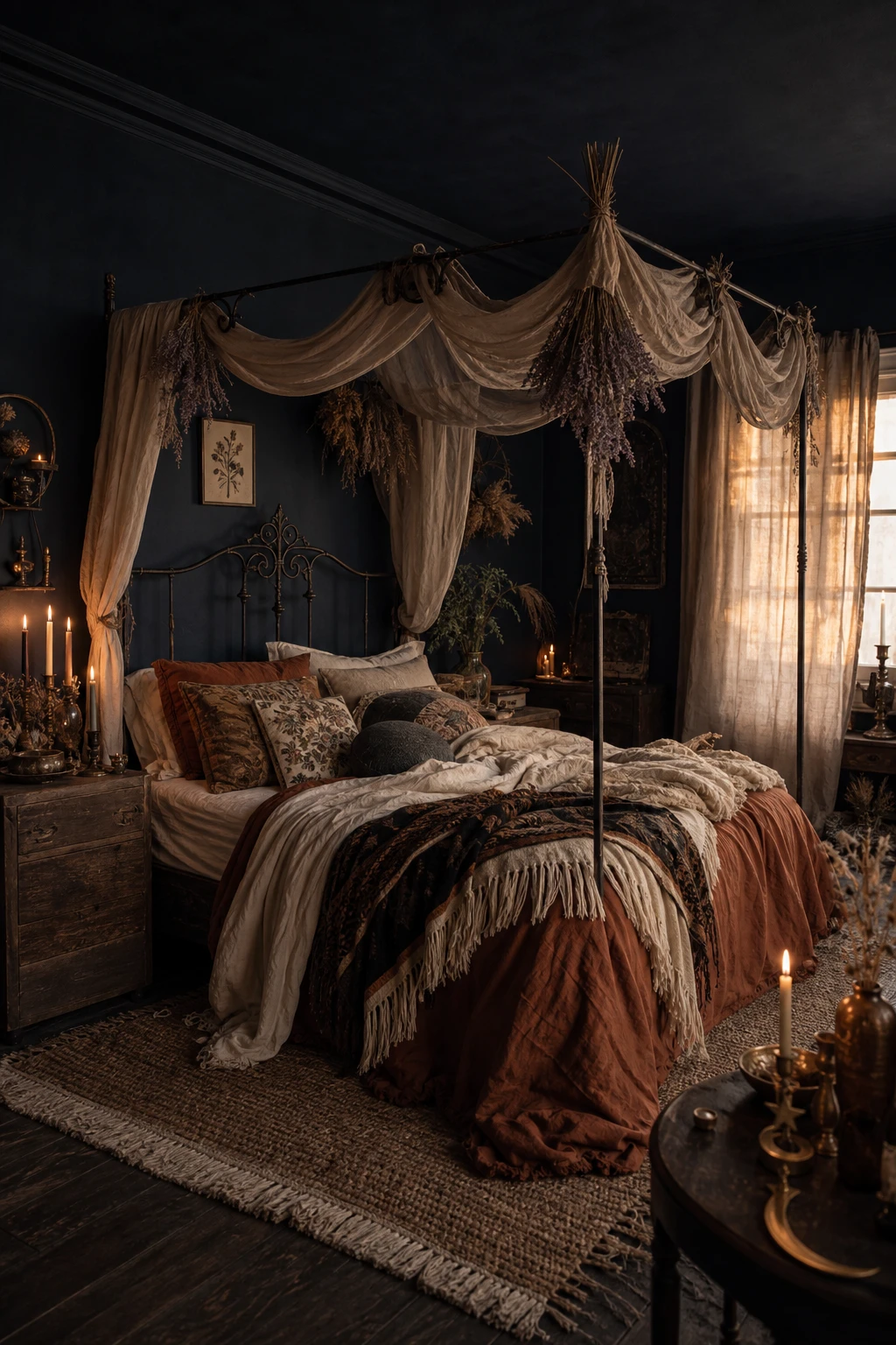 Cozy witchy cottage bedroom with midnight blue walls, layered boho textiles, dried botanicals, canopy draping, and warm candlelight glow