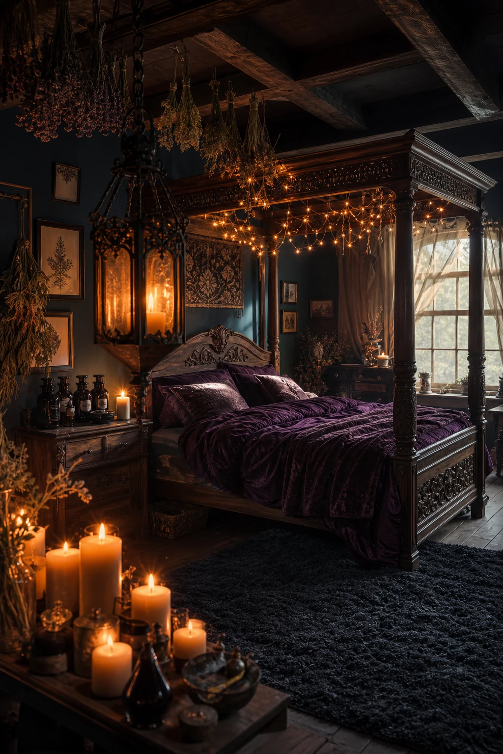 Cozy witchy cottage bedroom with moody layered lighting from candles, lanterns, and fairy lights casting warm amber glows across dark walls