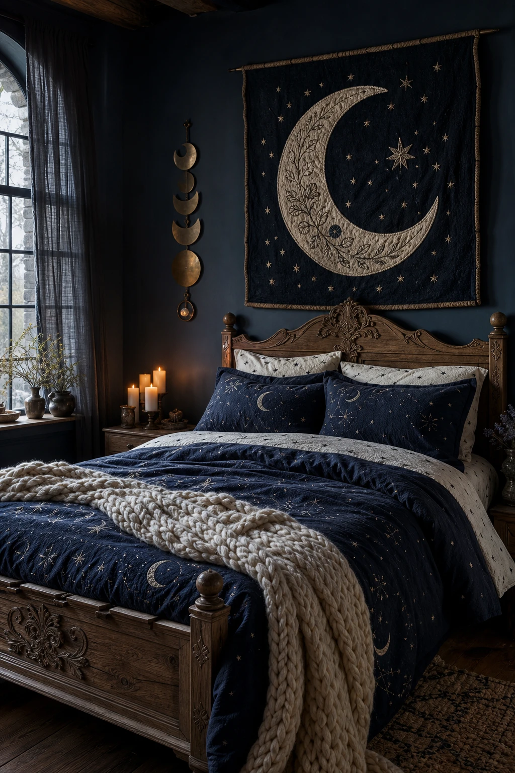 Cozy witchy cottage bedroom with moon theme as hero, deep blue walls, crescent textile art, celestial bedding, arched window with moonlit curtains, aged brass accents