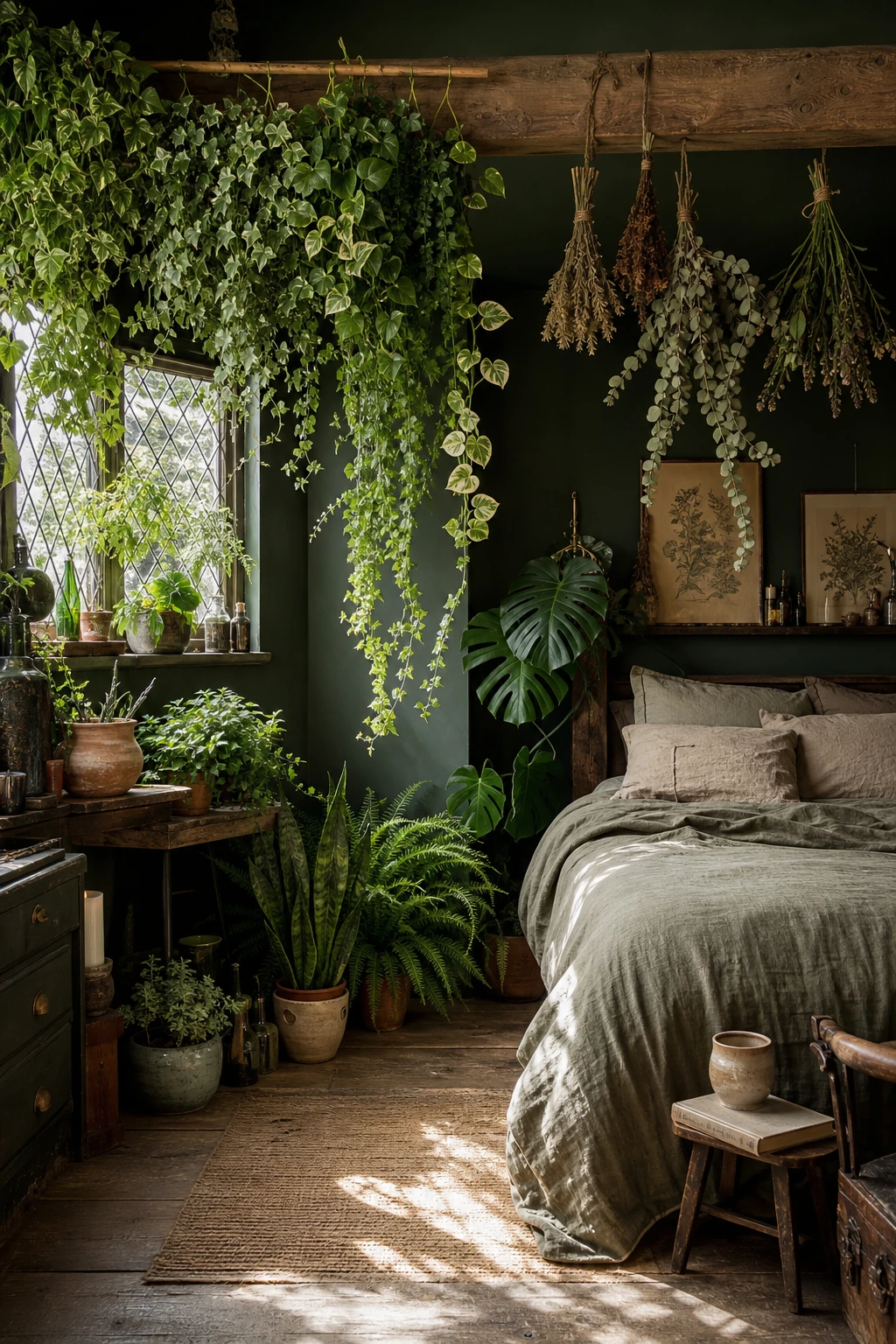 Cozy witchy cottage bedroom with overgrown botanicals layered from floor to ceiling, trailing vines, potted ferns, dried herbs and deep green walls
