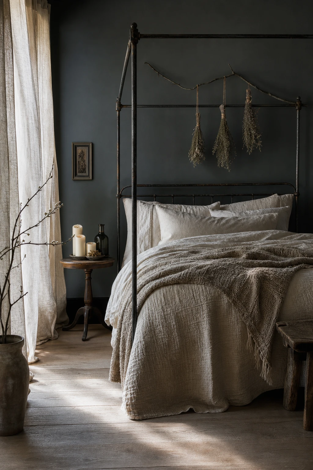 Cozy witchy cottage bedroom with pale witch palette featuring Farrow and Ball Blackened walls, layered linen, moody botanical objects and soft natural morning light