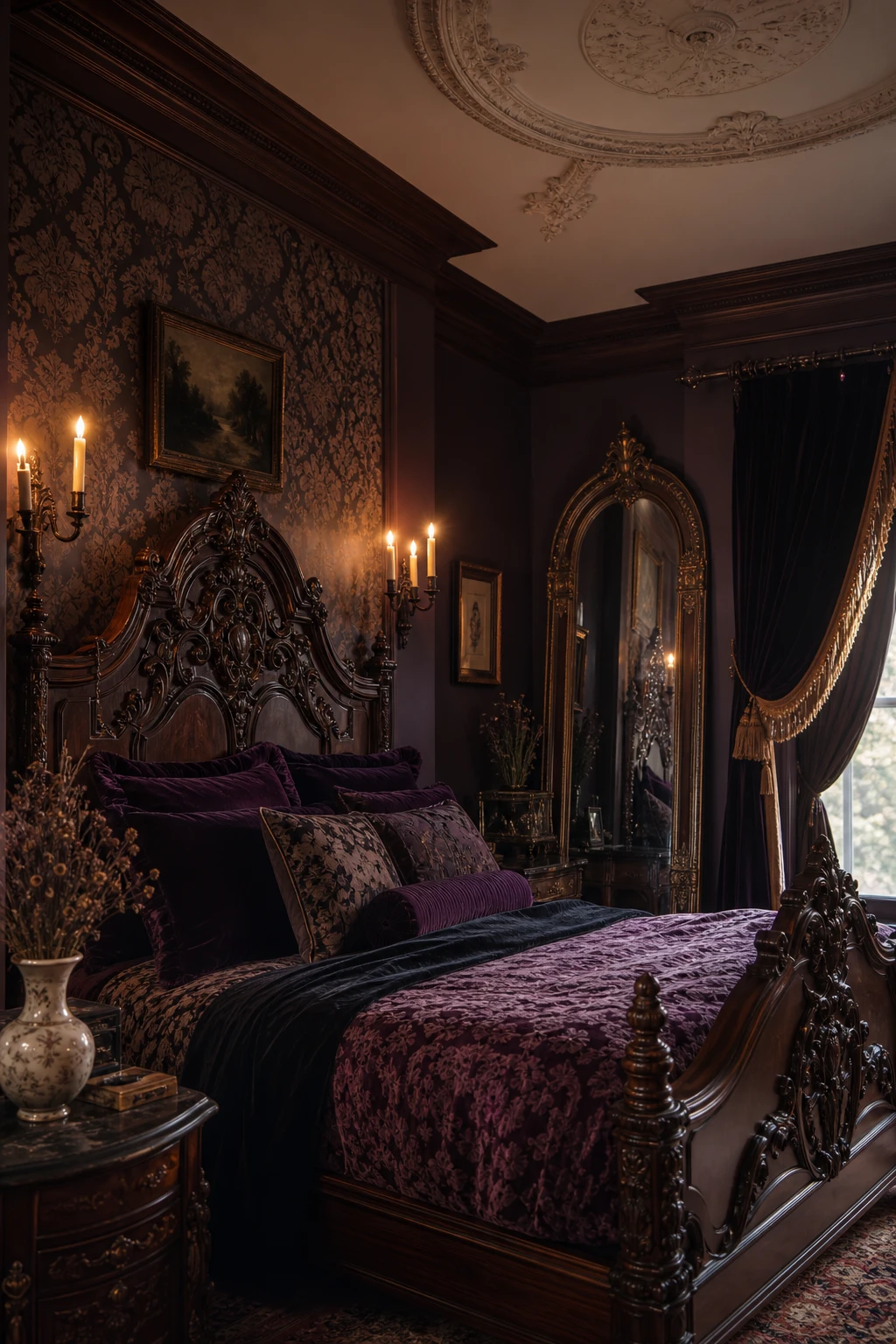 Cozy witchy cottage bedroom with Victorian ornate woodwork, richly patterned wallpaper, a carved wooden bed frame, candlestick sconces, and deep purple Brinjal walls