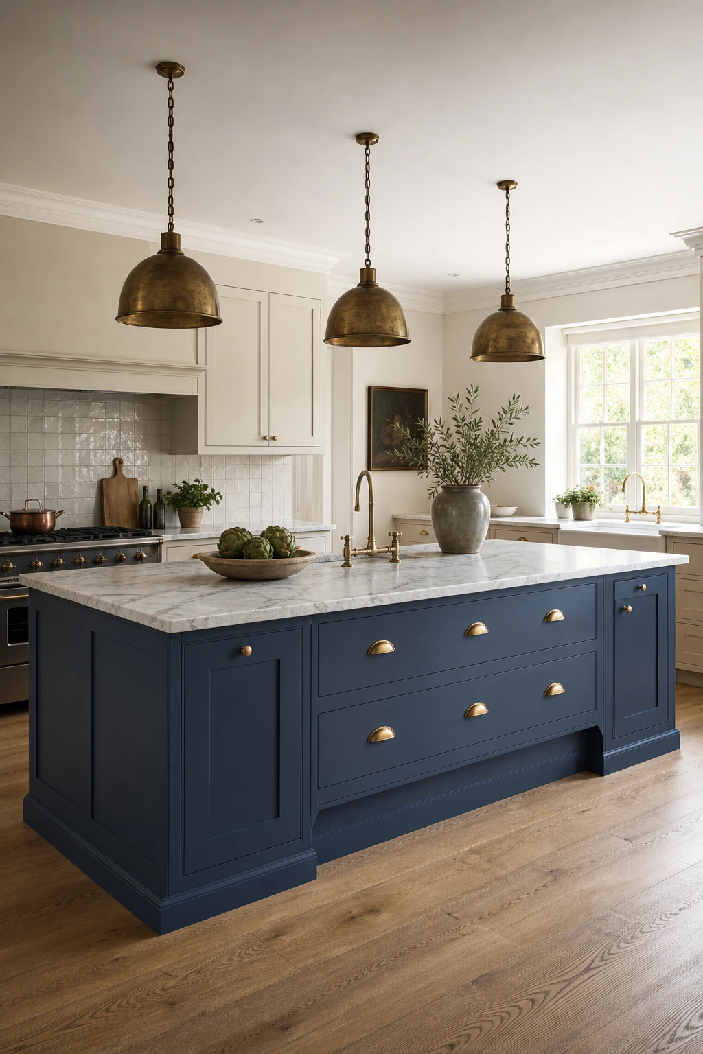 Cream kitchen with a blue statement island painted in Farrow & Ball Drawing Room Blue, white marble worktop, brass pendant lights and warm oak flooring