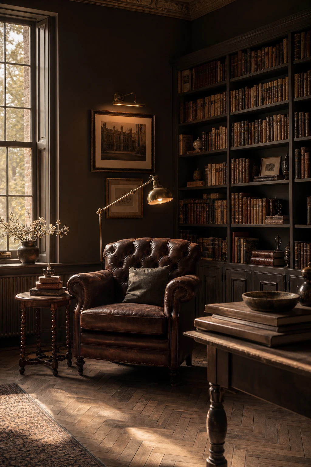 Dark Academia English study with deep umber walls, floor to ceiling bookshelves, leather armchair, brass reading lamp and aged oak floors in London Clay paint