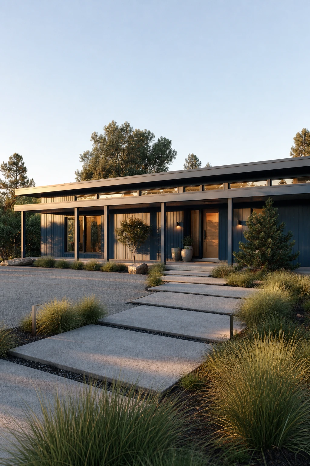 Dark blue modern ranch exterior with mid century flat roofline, overhanging eaves, geometric porch posts, and warm afternoon light on a wide low facade