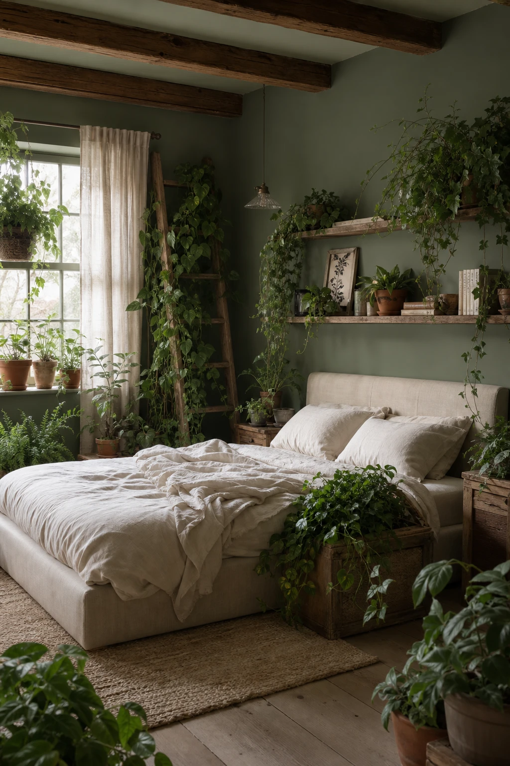 Dark green cottagecore bedroom filled with trailing and climbing plants, moss green walls, linen bedding, timber beams and botanical abundance in soft morning light