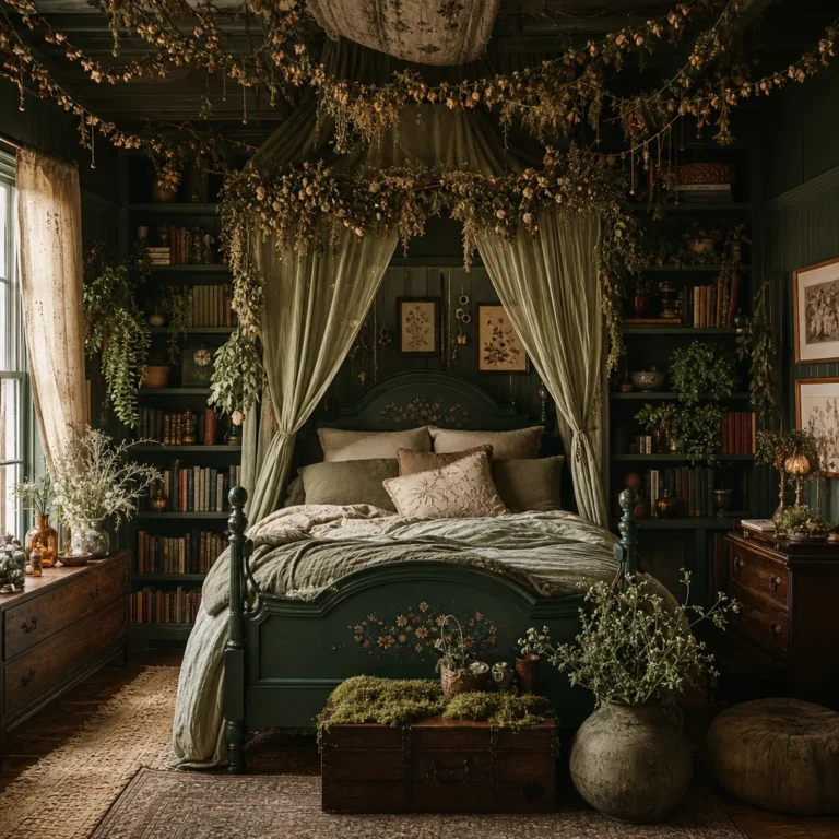 Dark green cottagecore bedroom with forest green panelled walls, a canopy bed draped in linen and dried botanicals, floor-to-ceiling bookshelves, dark oak furniture, and warm golden morning light.