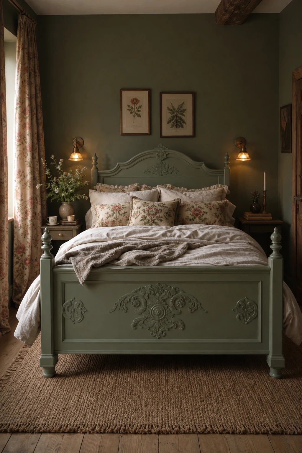 Dark green cottagecore bedroom with a Calke Green painted vintage bed frame, linen bedding, floral curtains, aged brass sconces and a woven jute rug on wide plank floors