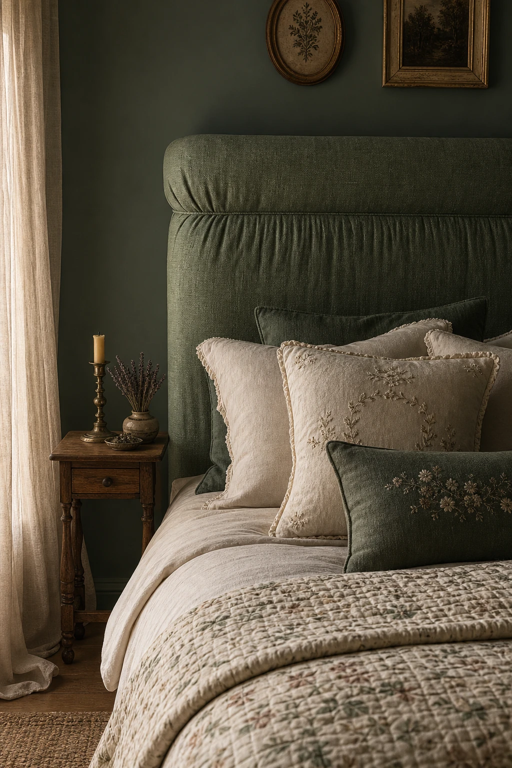 Dark green cottagecore bedroom with a close up fabric headboard as the hero, linen bedding, embroidered cushions, and warm candlelight against Beverly painted walls