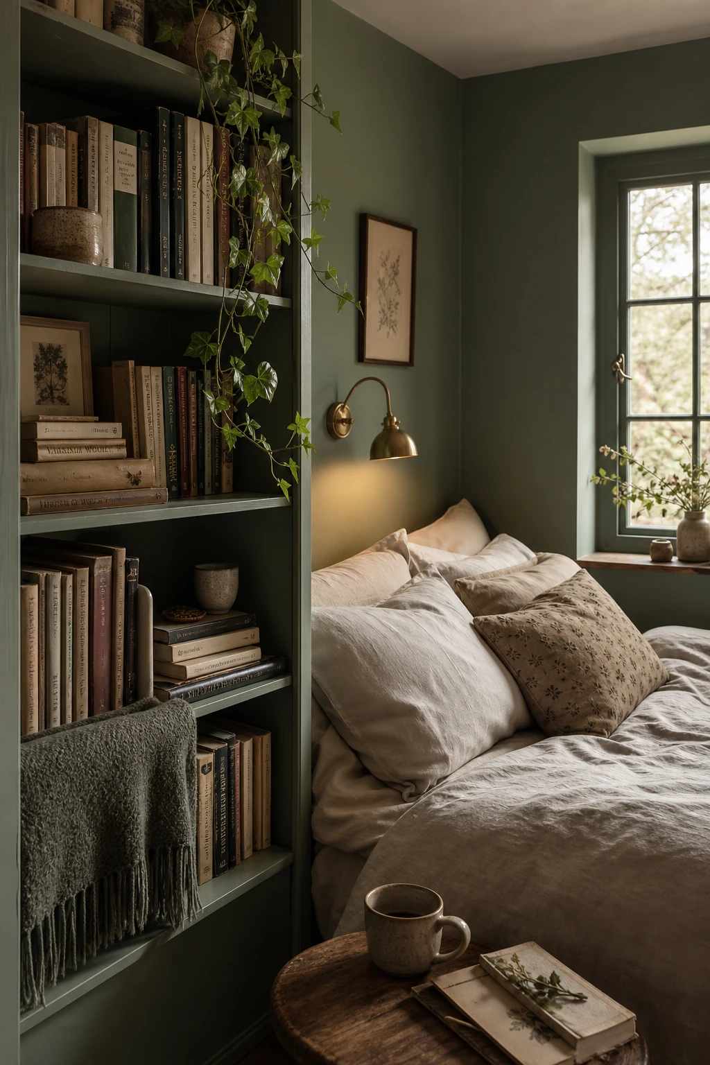 Dark green cottagecore bedroom with a cozy reading nook featuring a built in bookshelf beside the bed, soft linens, and warm lamplight
