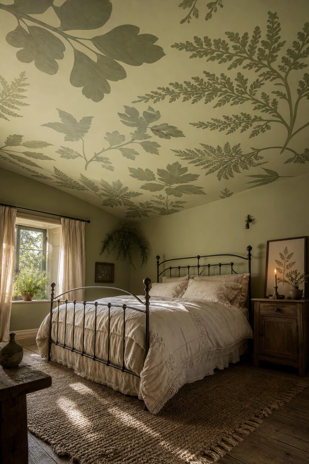 Dark green cottagecore bedroom with a dramatic leaf print ceiling, iron bed, linen bedding, botanical artwork and warm candlelight glow