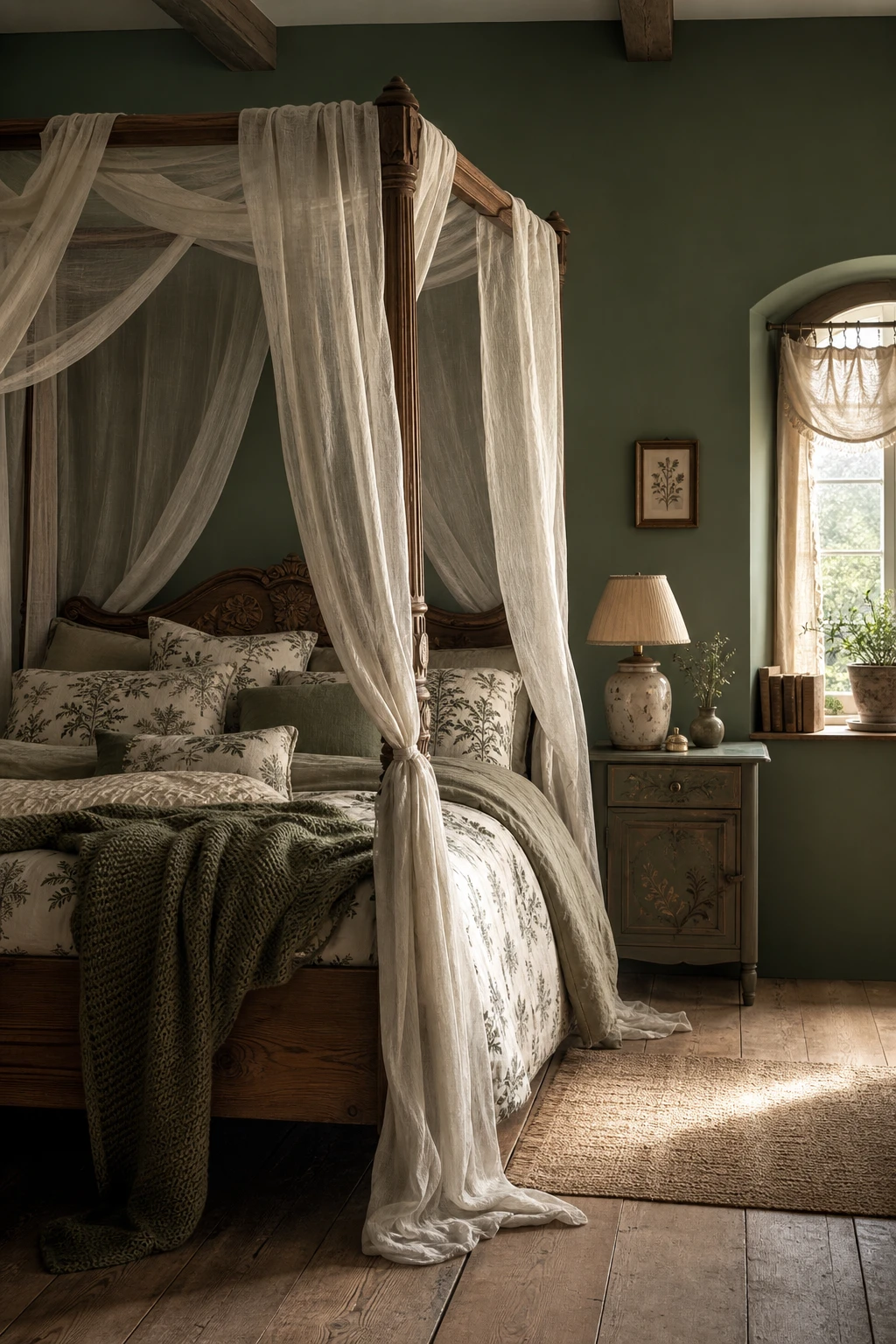 Dark green cottagecore bedroom with a draped canopy bed as the hero, sheer linen curtains pooling softly, morning light filtering through a small cottage window