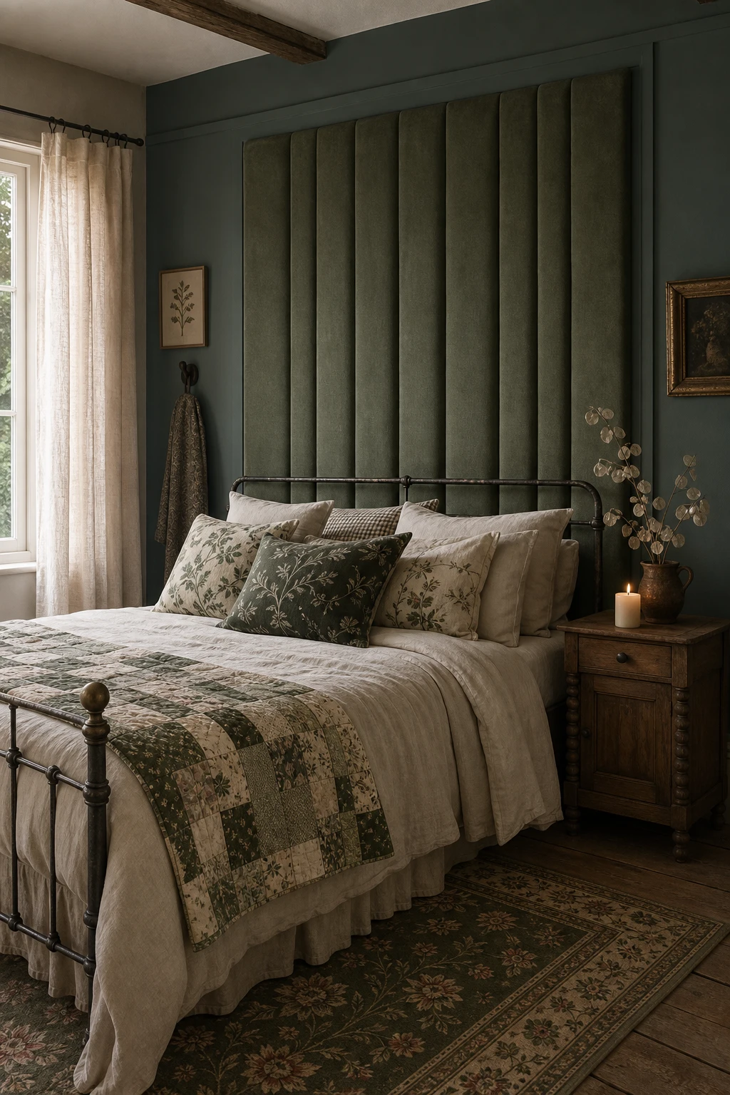 Dark green cottagecore bedroom with a tall green upholstered headboard as the focal point, linen bedding, botanical print cushions, and warm candlelight on a wooden nightstand