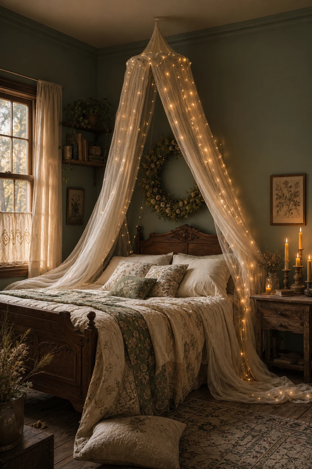 Dark green cottagecore bedroom with a whimsical sheer bed canopy draped with fairy lights above a linen bed, soft candlelight glow at dusk