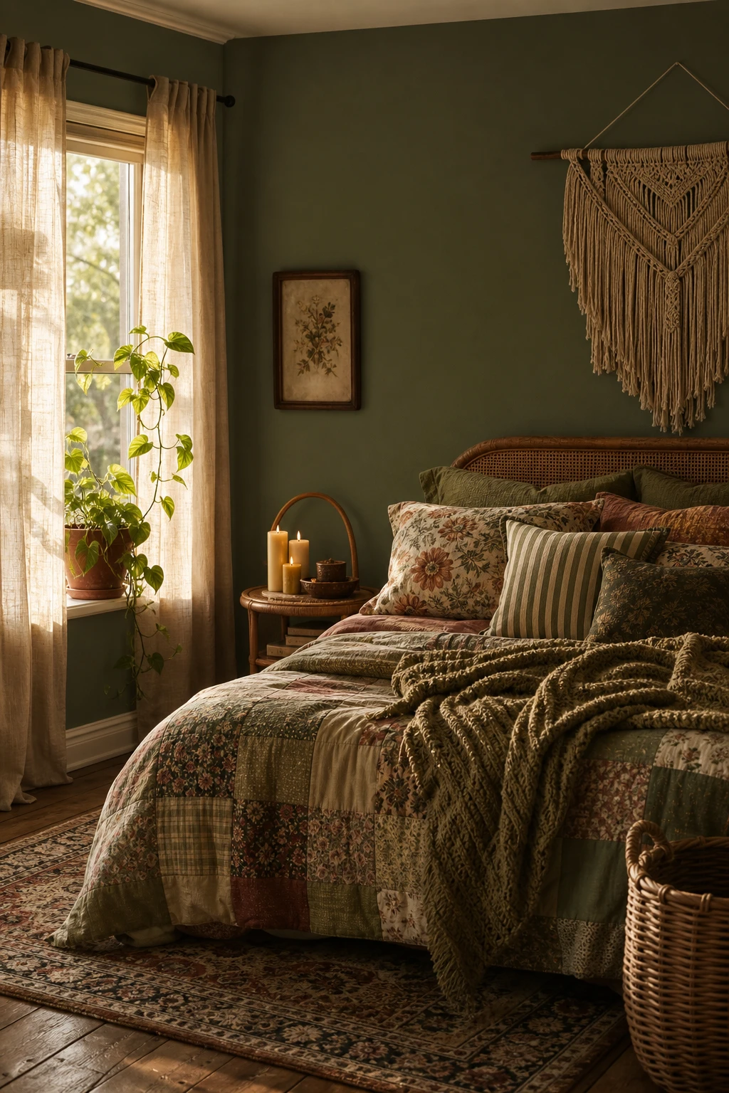 Dark green cottagecore bedroom with boho layered textiles, macrame wall hanging, patchwork quilt, rattan furniture and warm candlelight in a cosy cottage setting