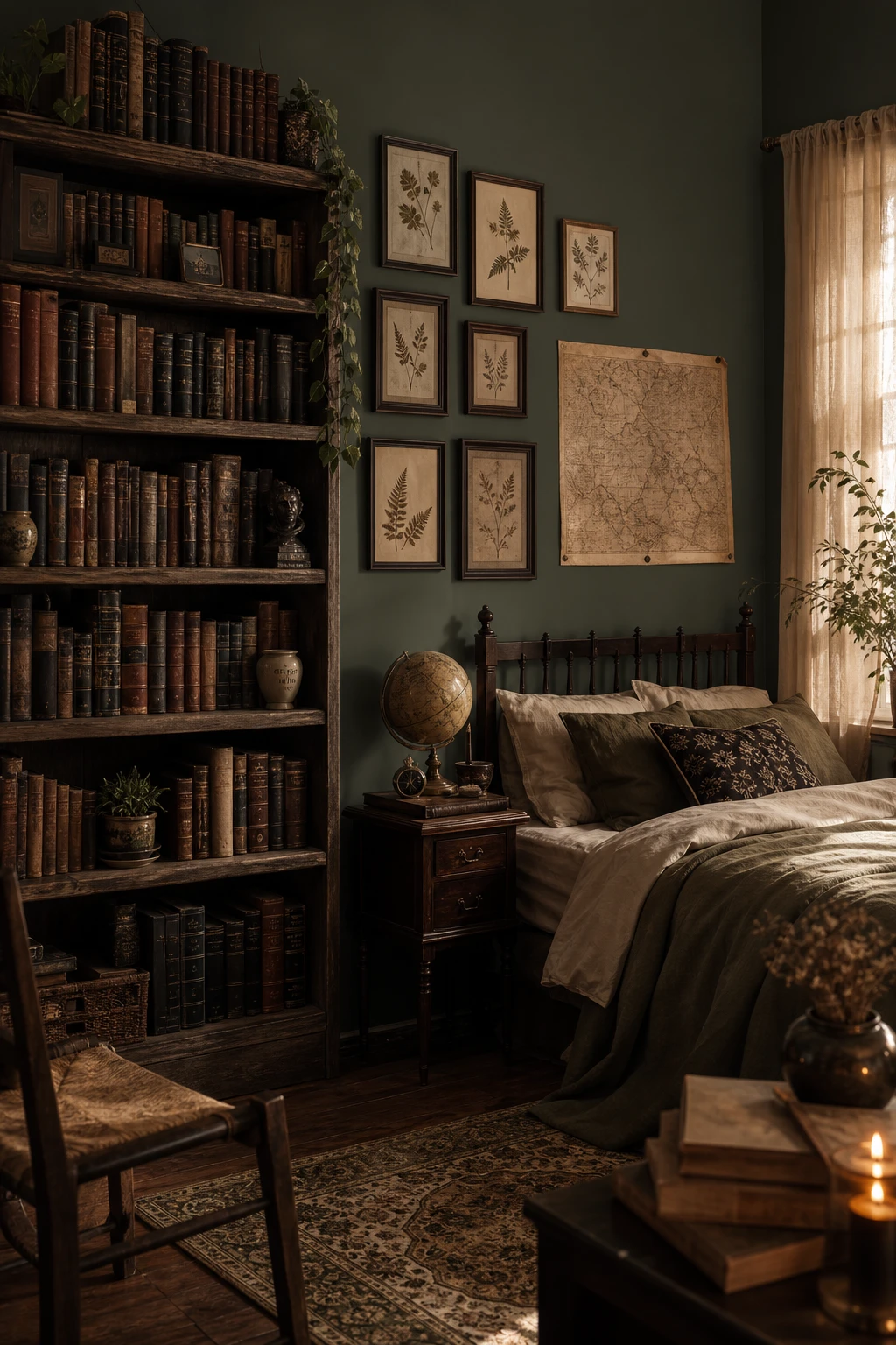 Dark green cottagecore bedroom with dark academia crossover styling featuring stacked leather books, botanical specimen frames, an antique globe and warm candlelight against Card Room Green walls