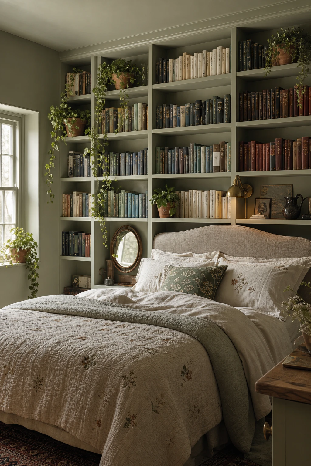 Dark green cottagecore bedroom with floor to ceiling library wall shelving styled with books, a linen bed, and warm candlelight against Farrow and Ball Vert de Terre walls