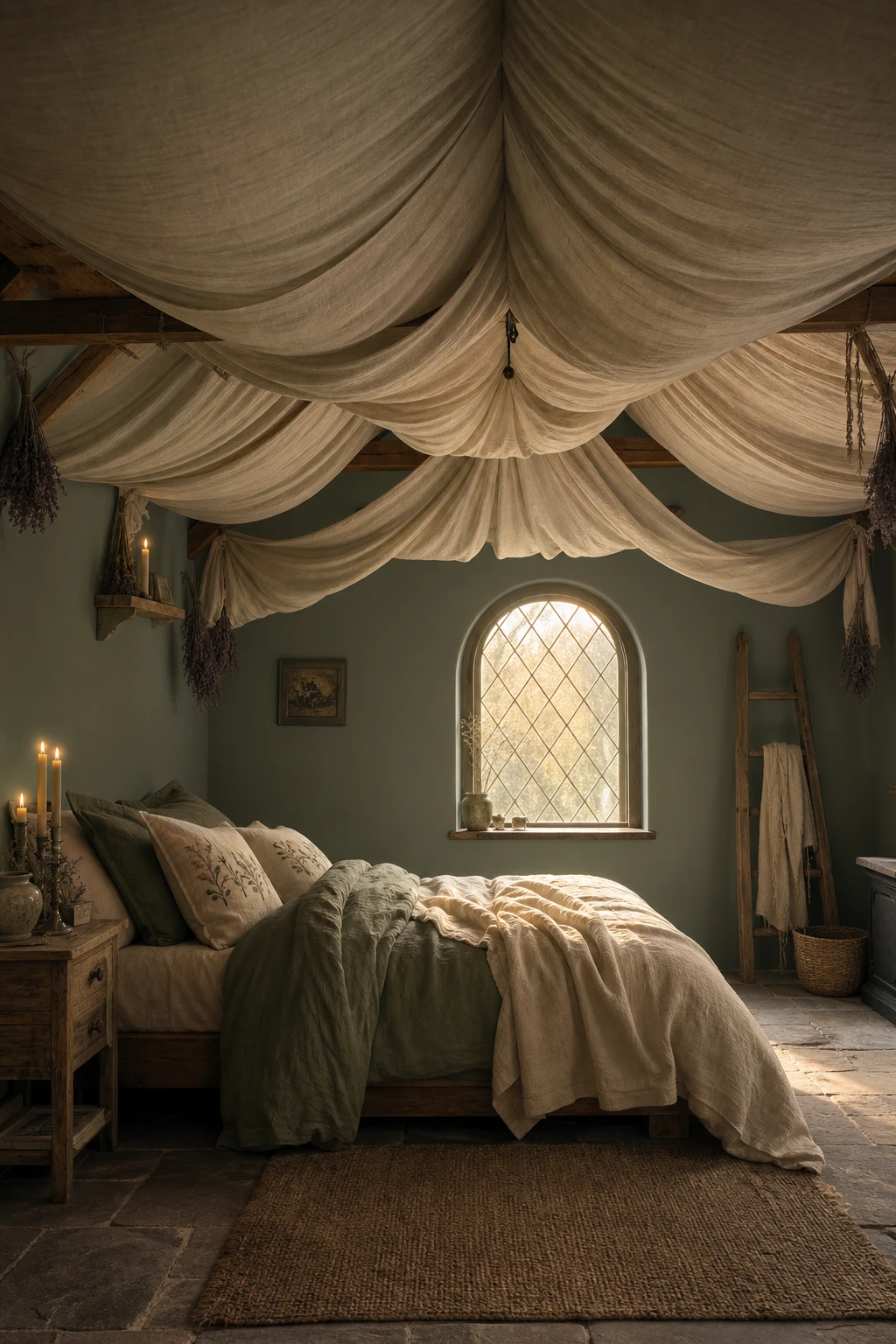 Dark green cottagecore bedroom with gathered fabric draped across the ceiling, wooden beams, layered linen bedding, and warm candlelight glow at dusk
