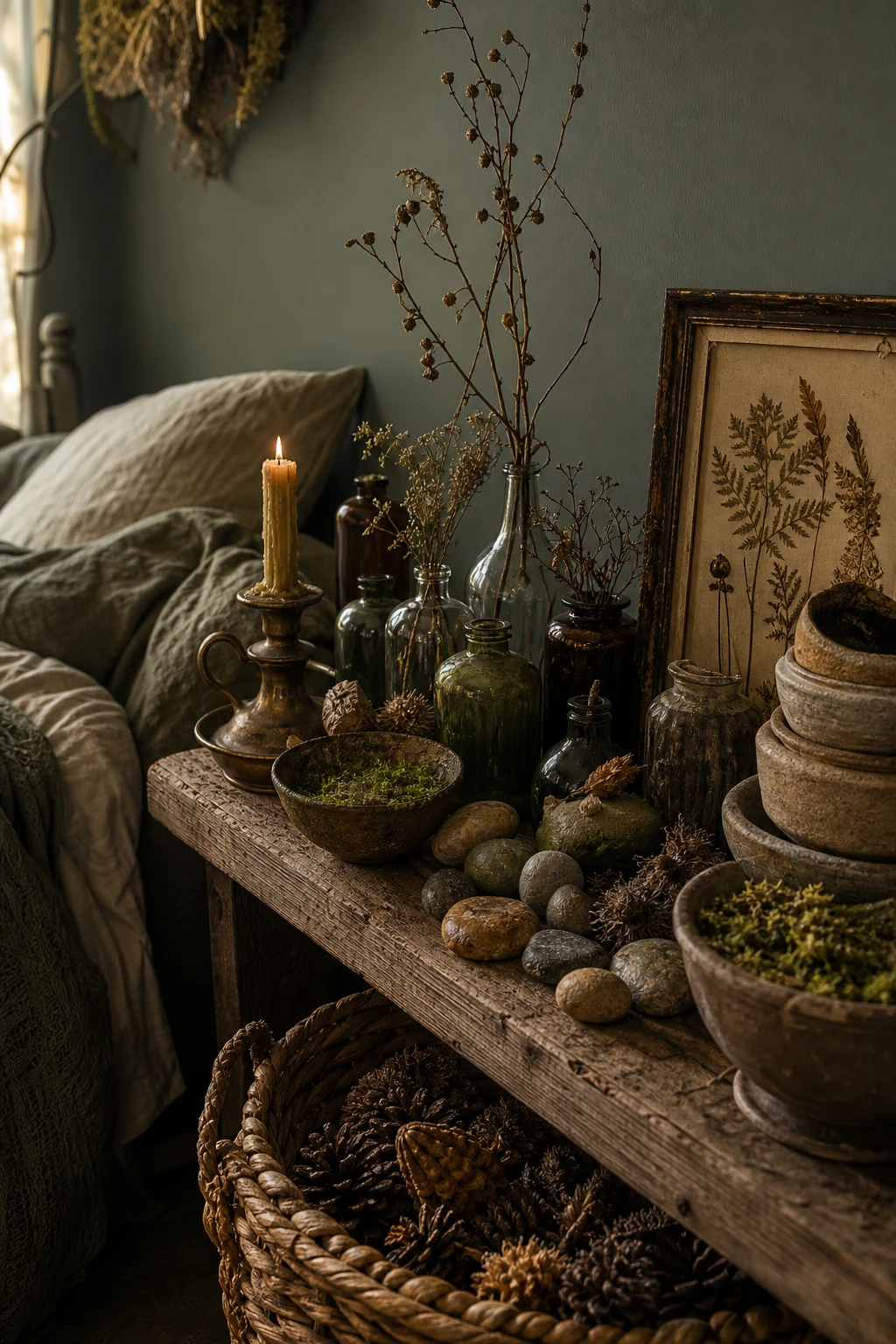 Dark green cottagecore bedroom with goblincore clutter vignettes of mossy vessels, foraged objects, and layered shelves in warm candlelight