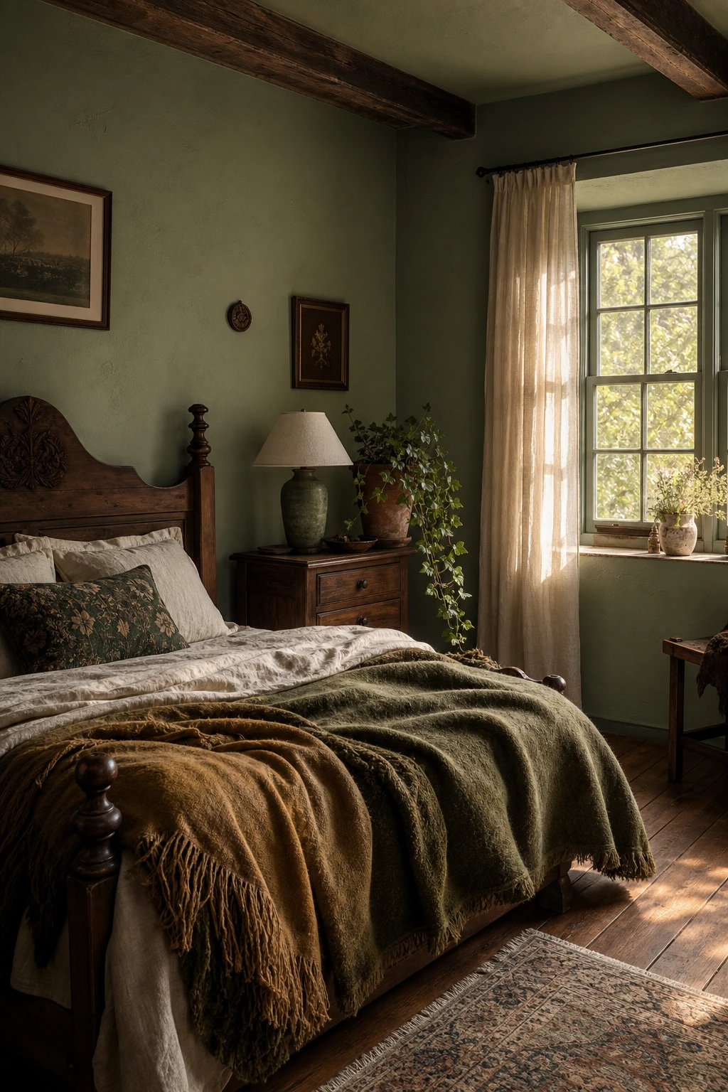 Dark green cottagecore bedroom with green and brown palette, warm wood furniture, forest tones, and Farrow and Ball Yeabridge Green walls in soft natural light