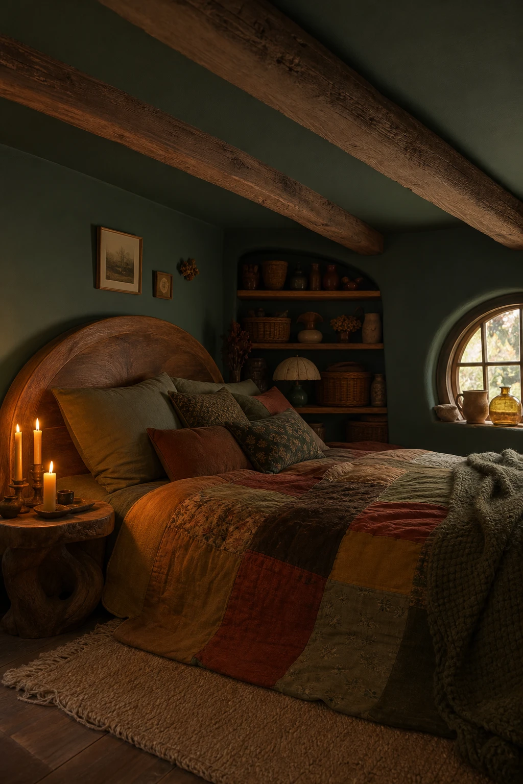 Dark green cottagecore bedroom with hobbitcore burrow feel, low ceiling, rounded wooden headboard, stacked wicker storage, and warm candlelight glow