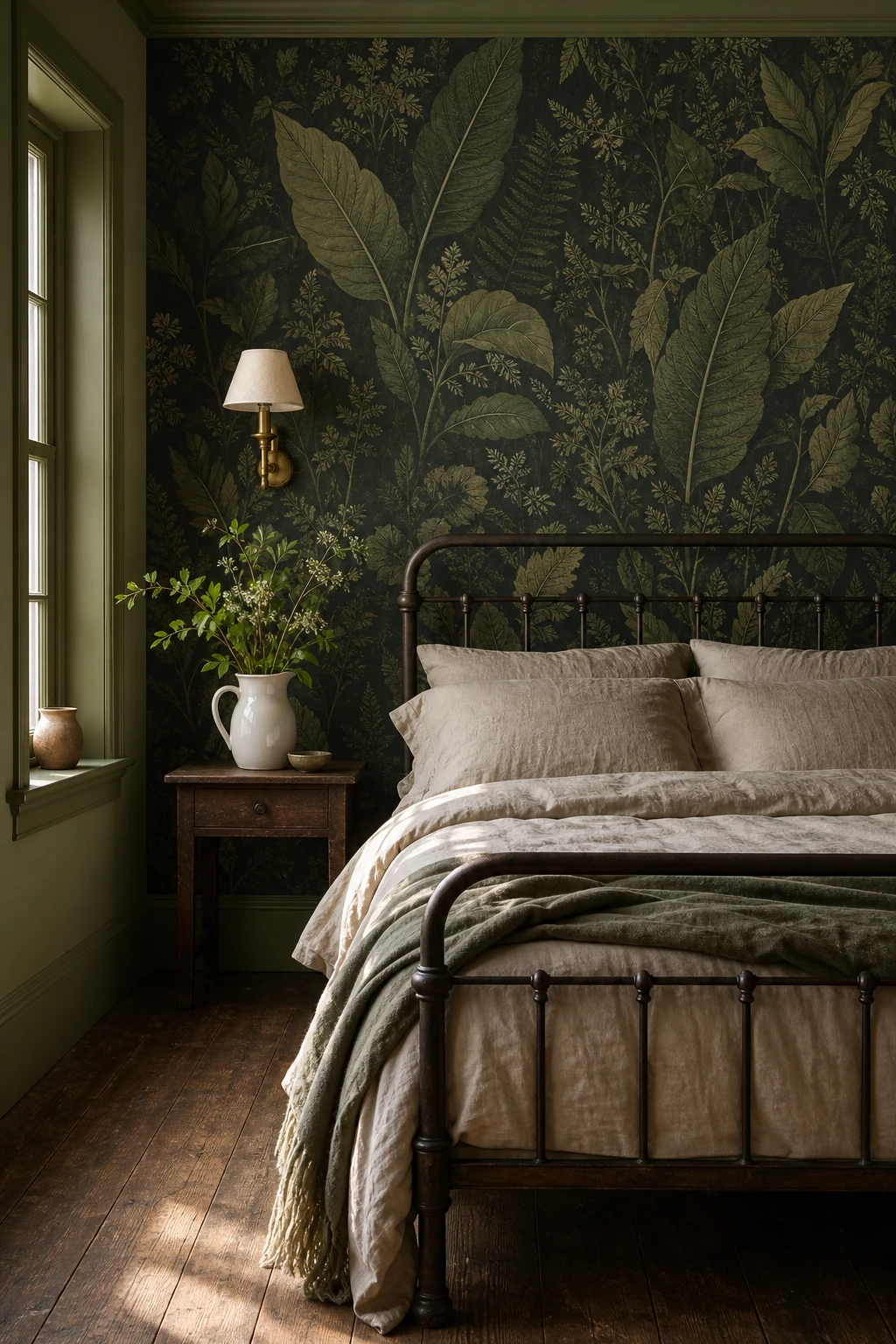 Dark green cottagecore bedroom with large scale botanical wallpaper as the hero, linen bedding, brass sconce, wooden floor, and Farrow and Ball Sap Green painted trim