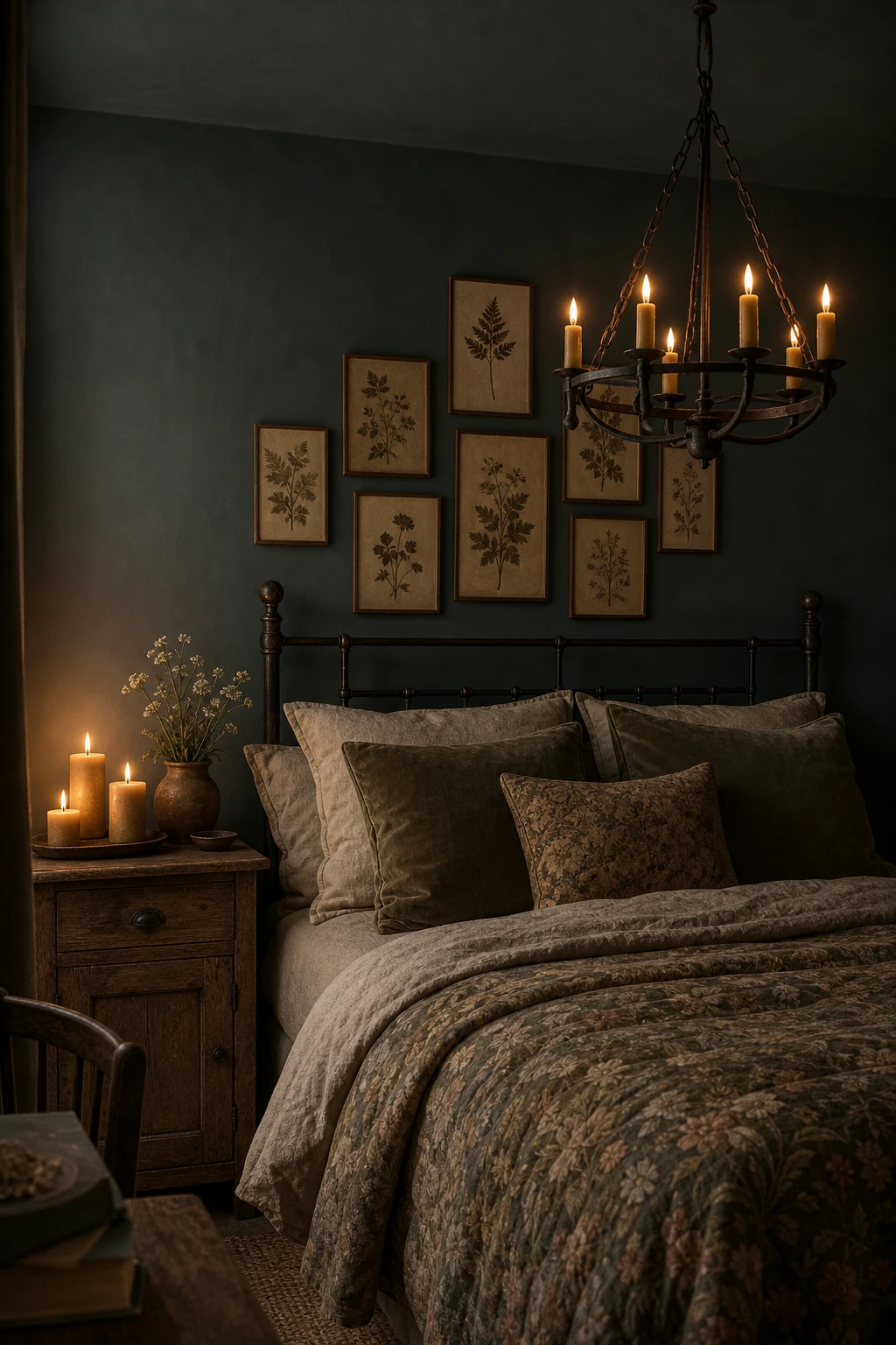 Dark green cottagecore bedroom with moody Studio Green walls, candlelight, linen bedding, wooden beams and layered botanical textiles in a cosy cottage setting