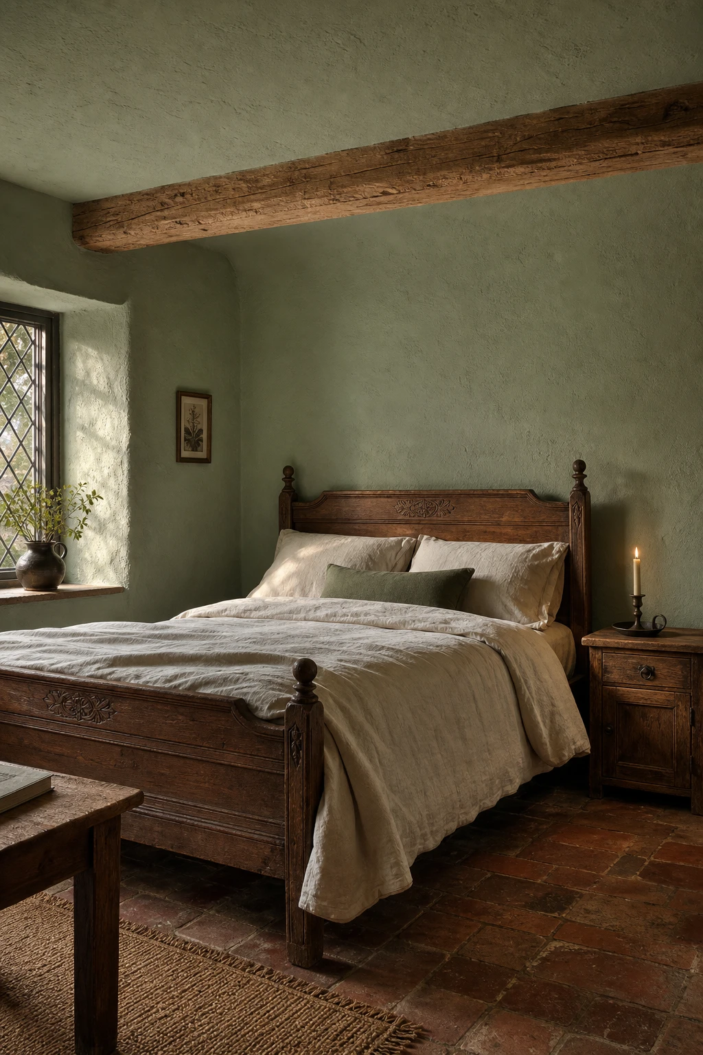 Dark green cottagecore bedroom with rustic green walls in raw plaster finish, rough hewn timber beams, linen bedding, and candlelight warmth evoking an old countryside cottage