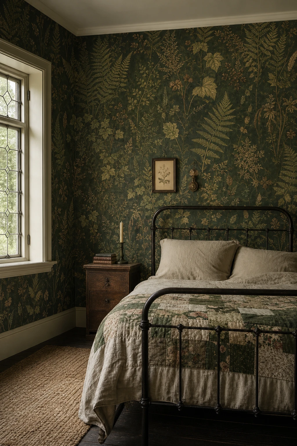 Dark green cottagecore bedroom with vintage botanical wallpaper as the hero, antique iron bed, linen bedding, and warm candlelight on Farrow and Ball Vichyssoise painted trim