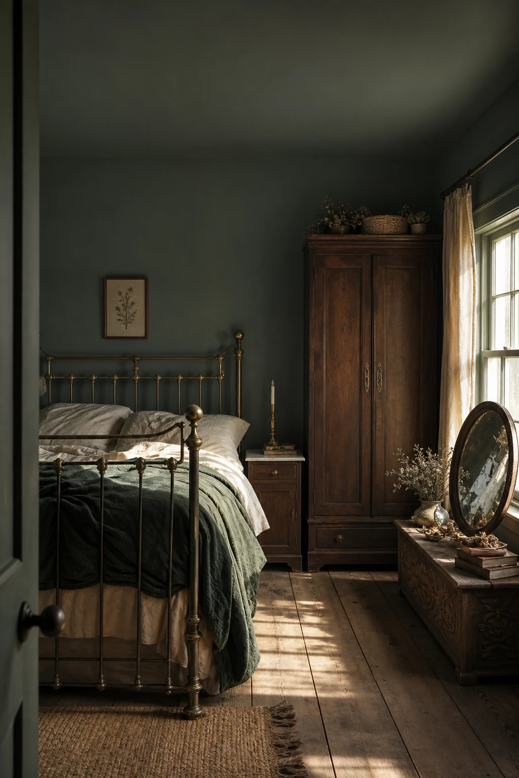 Dark green cottagecore bedroom with vintage brass accents, patinated wood furniture, layered linen bedding, and aged mirror in cottage style