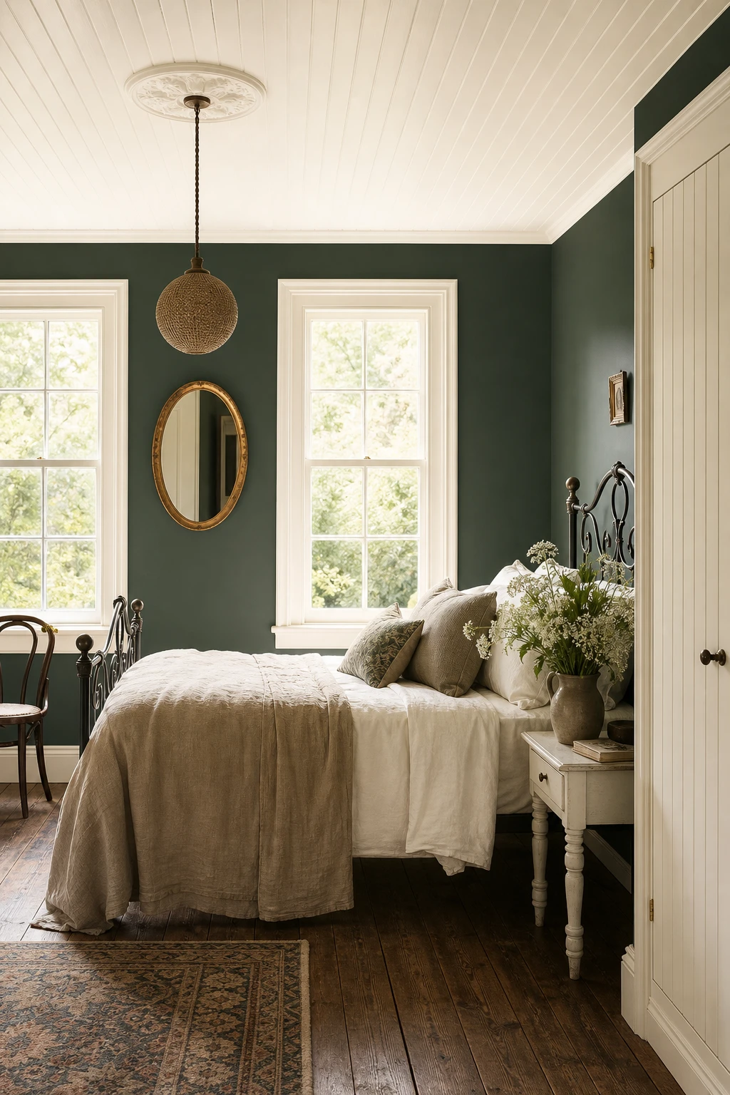 Dark green cottagecore bedroom with white ceiling and trim, linen bedding, vintage nightstand, and soft morning light creating a fresh timeless feel