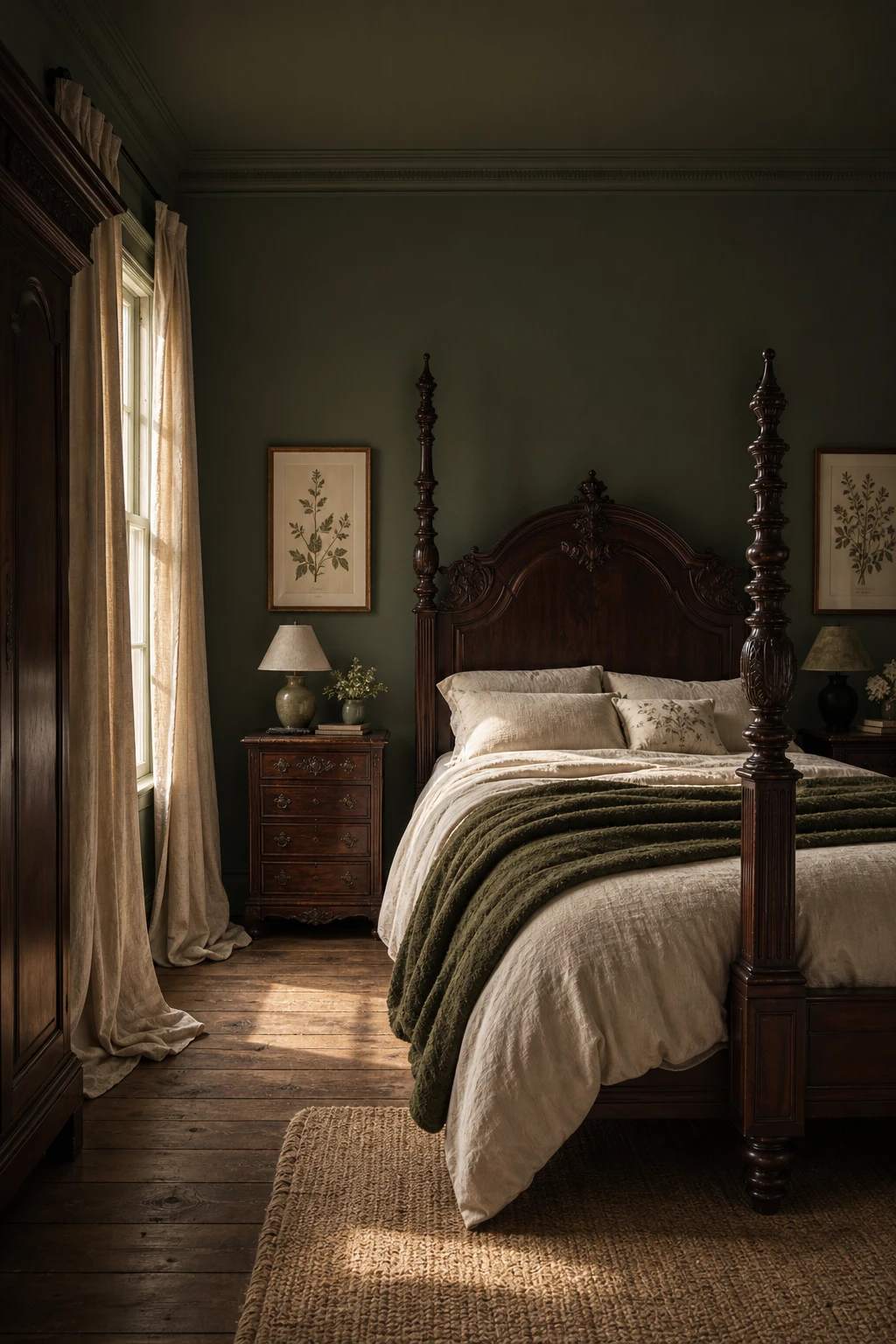 Dark green cottagecore master bedroom with heavy dark wood furniture as hero, dressed bed, linen drapes, botanical prints and warm candlelight on Dyrehaven walls