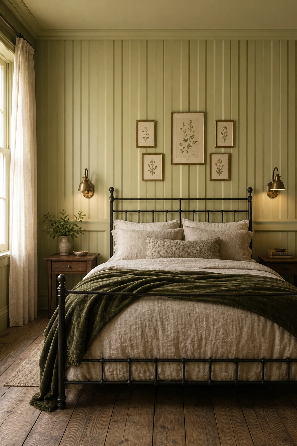 Dark green cottagecore master bedroom with painted wall panelling as the hero feature, linen bedding, brass sconces, timber floor and botanical prints