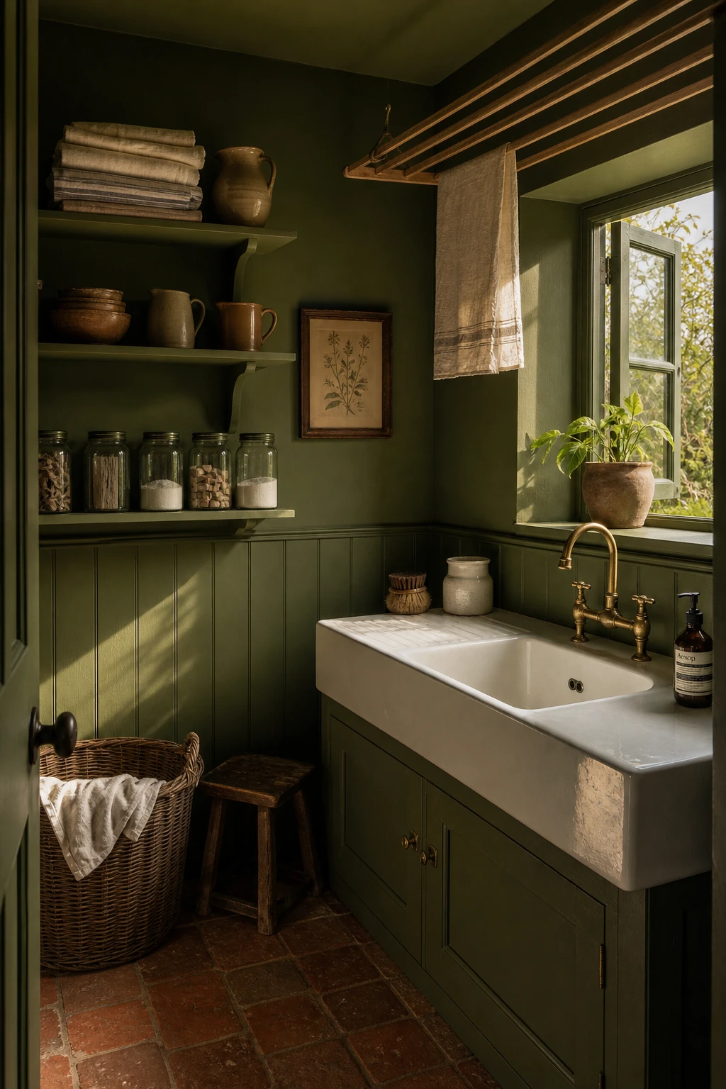 Dark green English utility room with Farrow and Ball Sap Green walls, butler sink, wooden drying rack, and terracotta tile floor in warm afternoon light