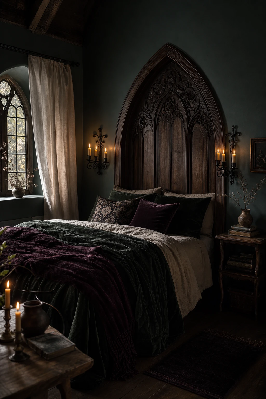 Dark green gothic cottage bedroom with arched headboard, velvet bedding, iron hardware, and Farrow & Ball Monkey Puzzle painted walls in soft candlelight