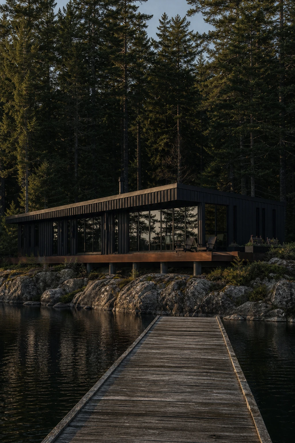 Dark lake house exterior clad in all black vertical board siding reflected in calm water at dusk, surrounded by tall pines and a weathered timber dock