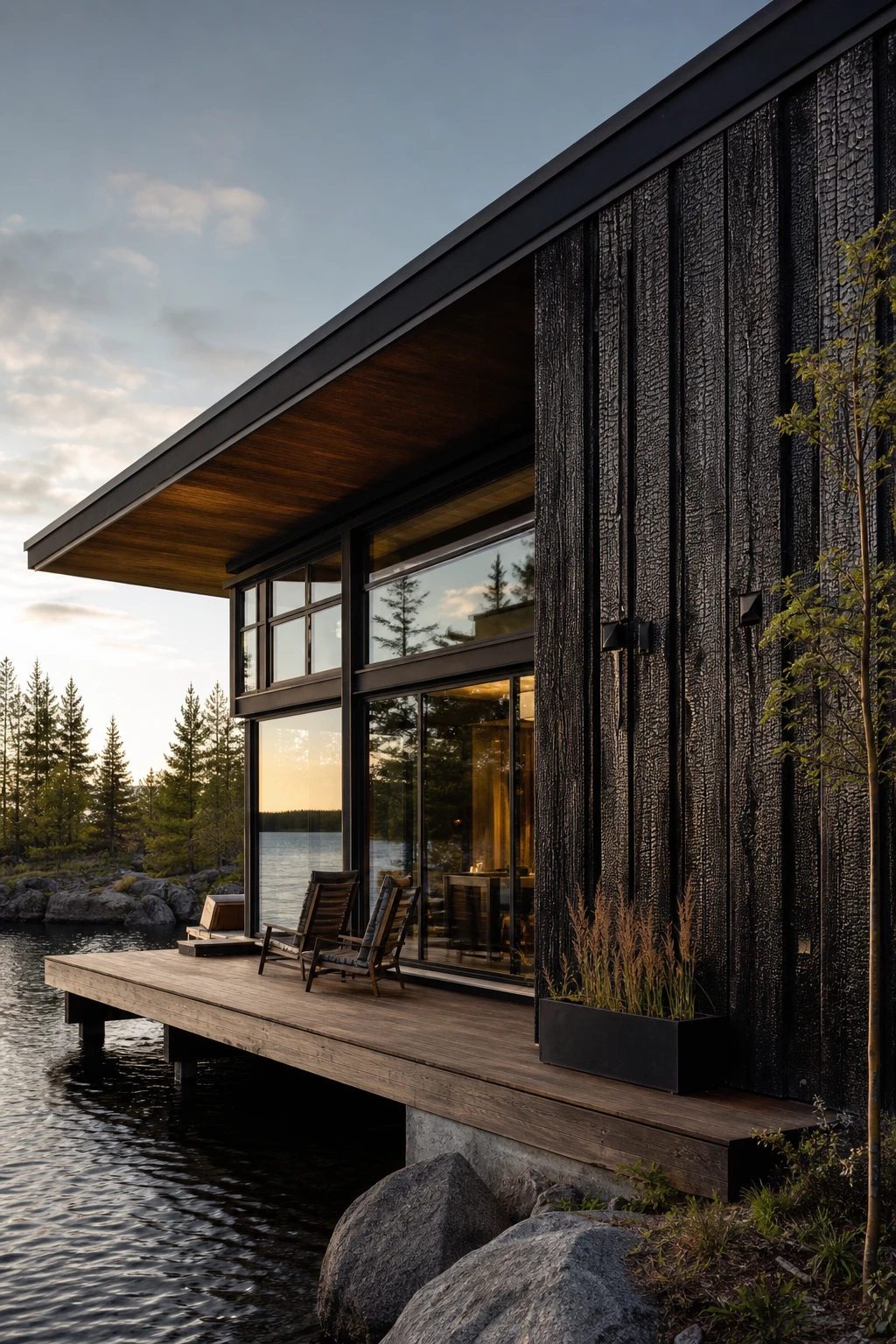 Dark lake house exterior clad in charred wood siding with Farrow and Ball Tar painted trim, reflected in still water at dusk