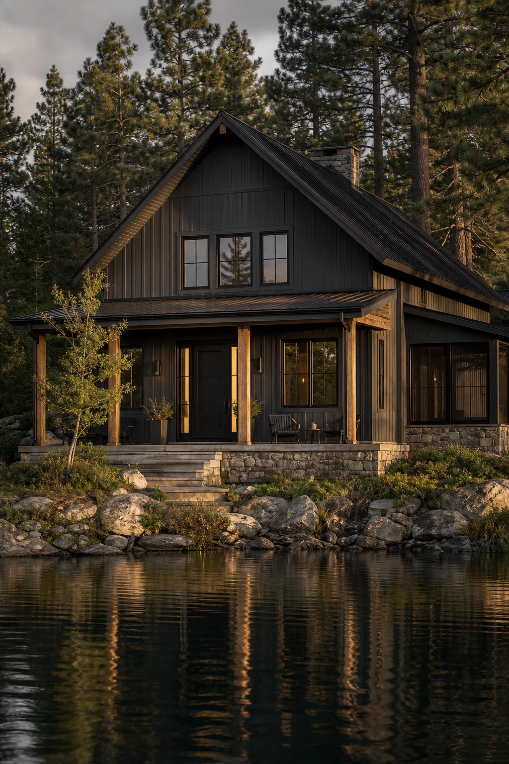 Dark lake house exterior clad in dark grey siding with black trim, stone foundation, timber porch columns and a gabled roofline reflected in still water at dusk