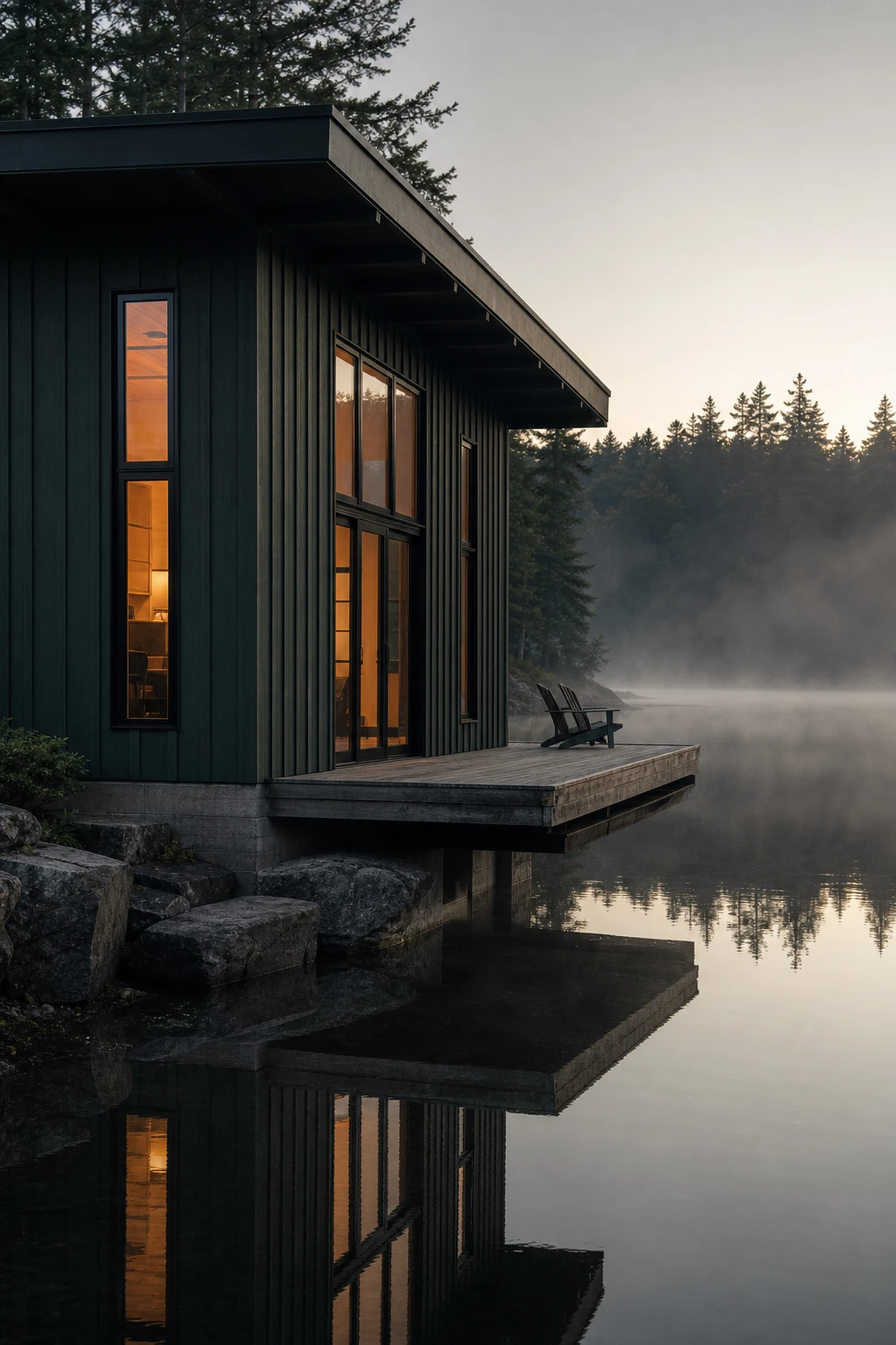 Dark lake house exterior emerging from morning mist with Farrow and Ball Reduced Green facade, reflection on still water, moody atmospheric dawn light