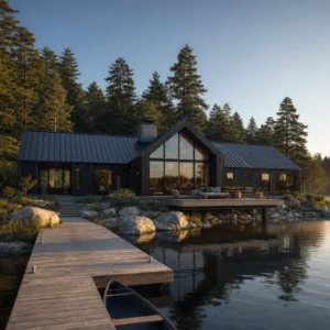 Dark lake house exterior clad in charred black vertical board and batten with a standing seam metal roof, oversized steel windows, a cantilevered deck over still water, and dense pine treeline in soft golden morning light.