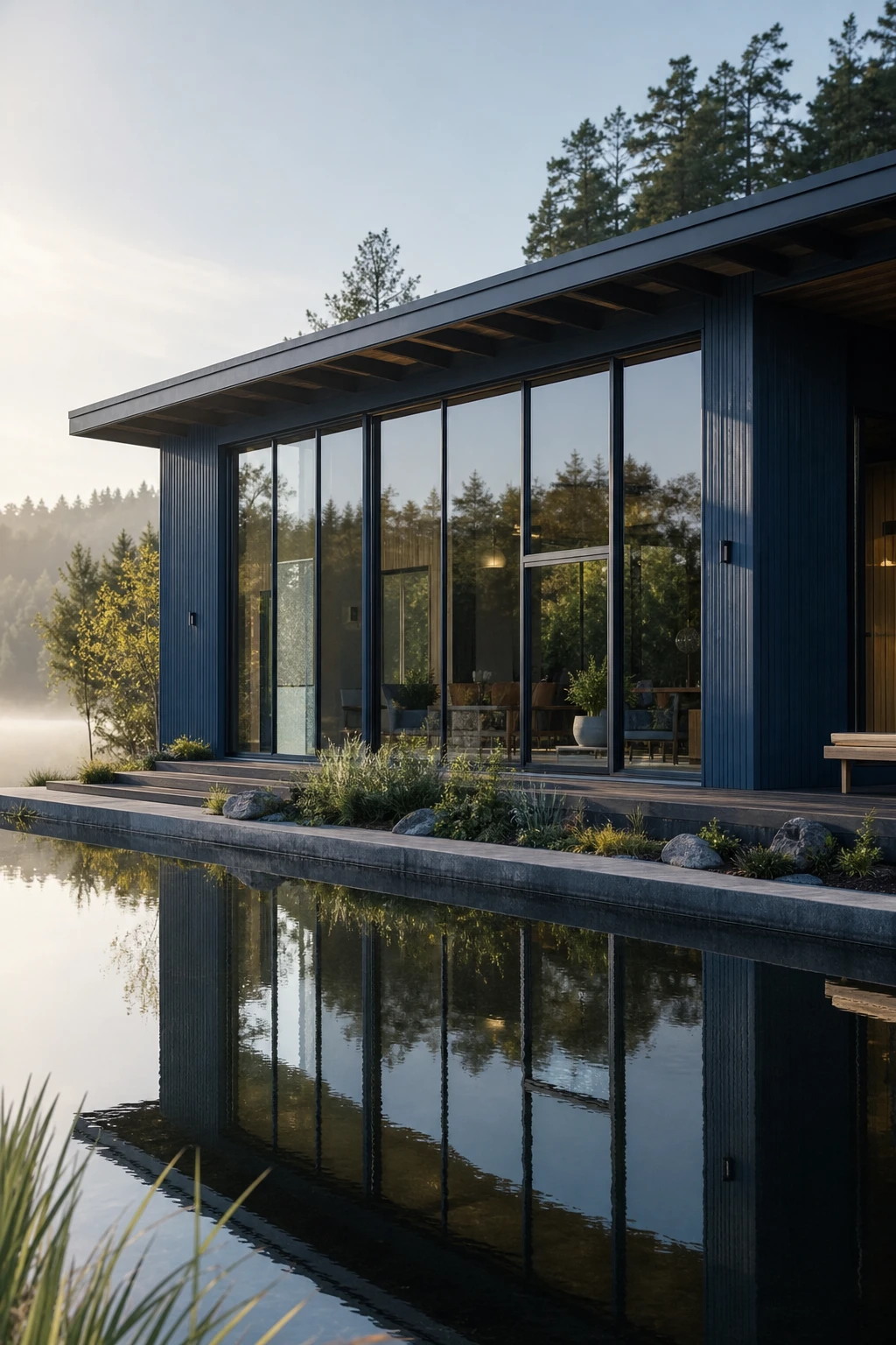 Dark lake house exterior painted Farrow and Ball Stiffkey Blue with oversized floor to ceiling windows reflecting water and surrounding trees in soft morning light