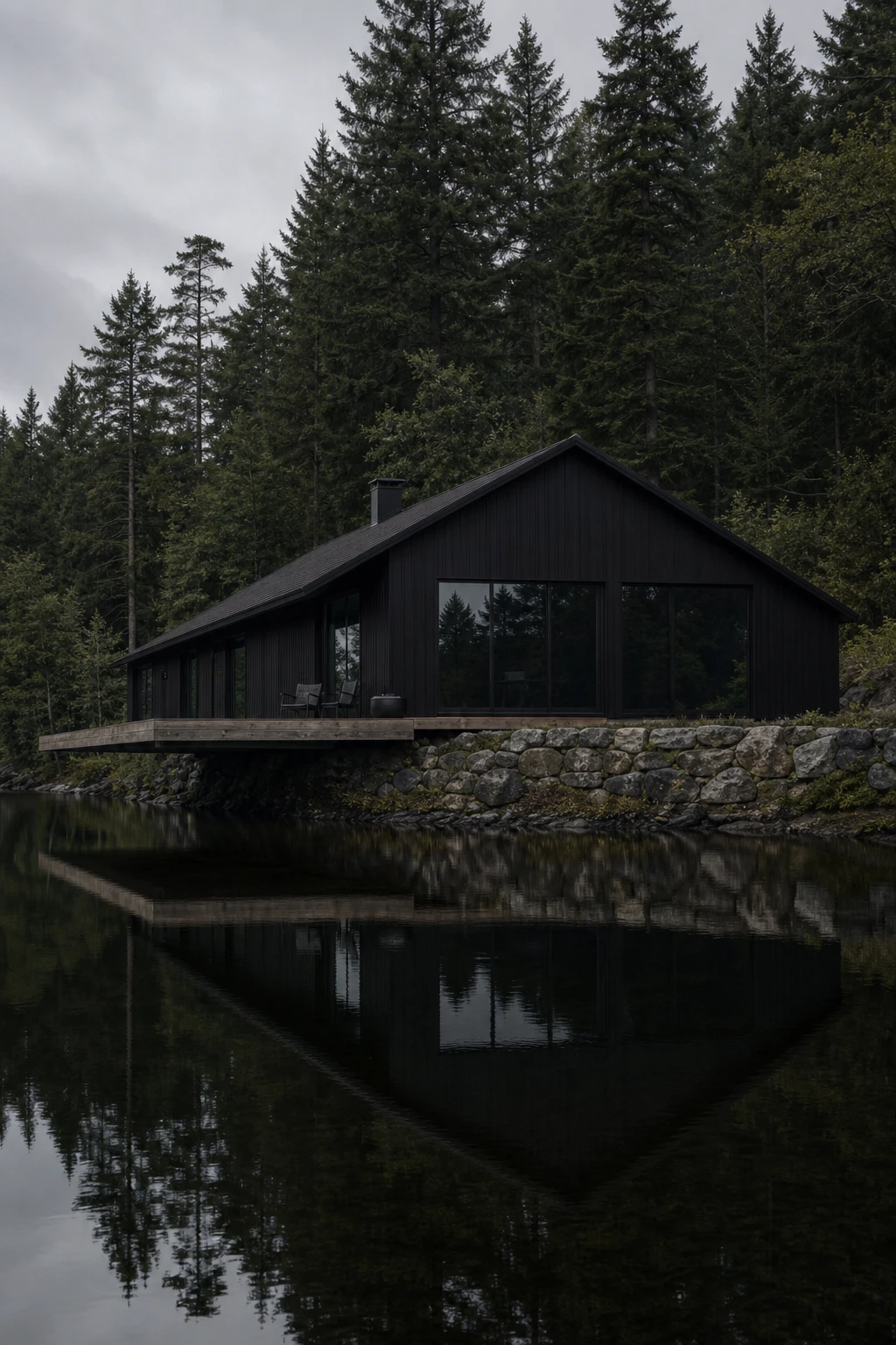 Dark lake house exterior painted head to toe in tonal black with matching roof, walls, and trim reading as one bold sculptural form against a wooded shoreline