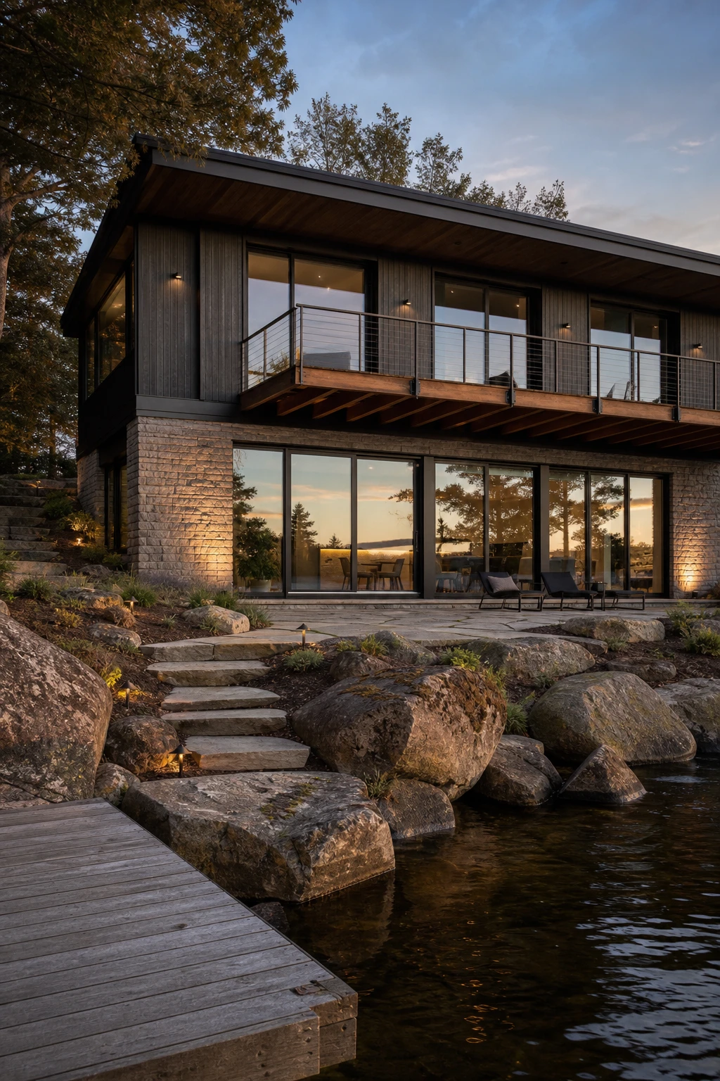 Dark lake house exterior showing a walkout basement level with full height glazing, stone base, and Farrow and Ball Hopper Head painted upper facade at dusk