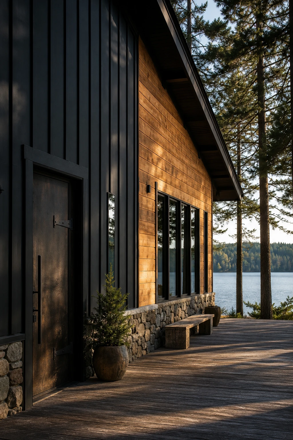 Dark lake house exterior showing black and cedar contrast facade with Off Black painted siding beside raw cedar panels, surrounded by tall pines at dusk