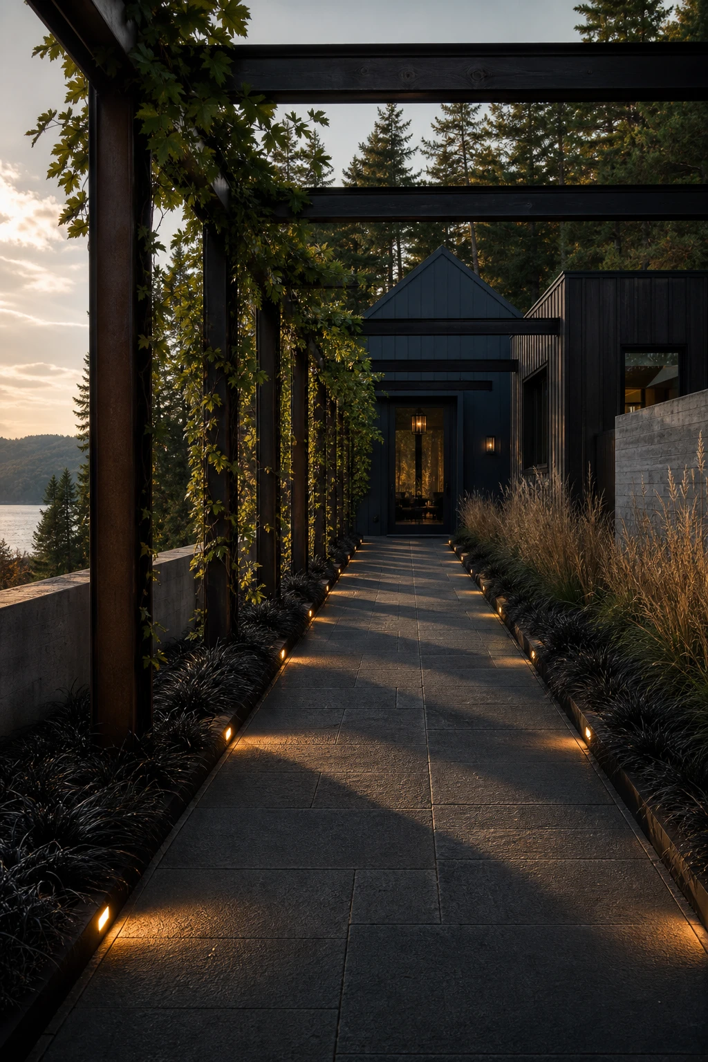 Dark lake house exterior with a long approach walkway lined by low lighting and dark plantings leading to a moody Inchyra Blue front facade