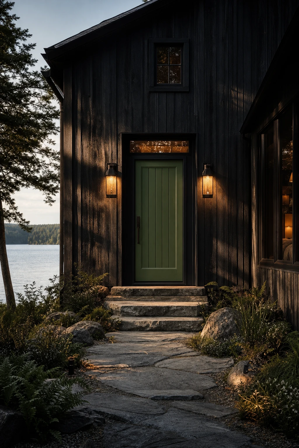 Dark lake house exterior with a statement front door painted Farrow & Ball Duck Green, framed by charcoal cladding, stone steps, and lantern wall lights at dusk