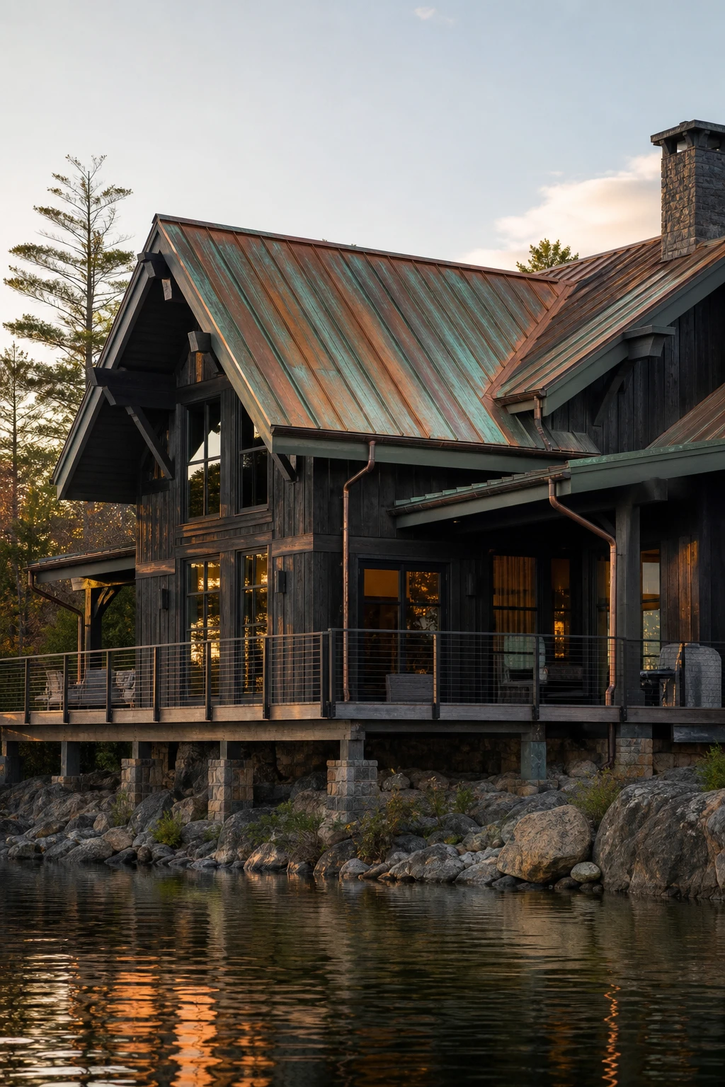 Dark lake house exterior with aged copper roof patina as hero accent against deep green painted fascia board trim and black timber cladding beside still water