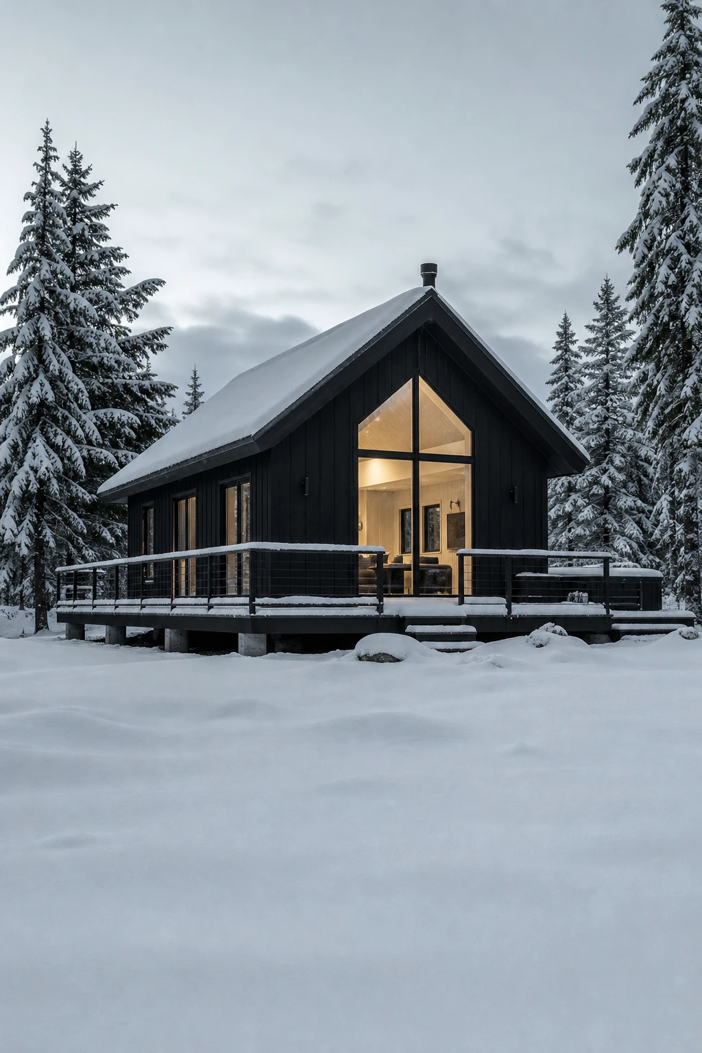 Dark lake house exterior with black cabin facade against a snow covered landscape, tall evergreen trees framing the structure in soft winter light