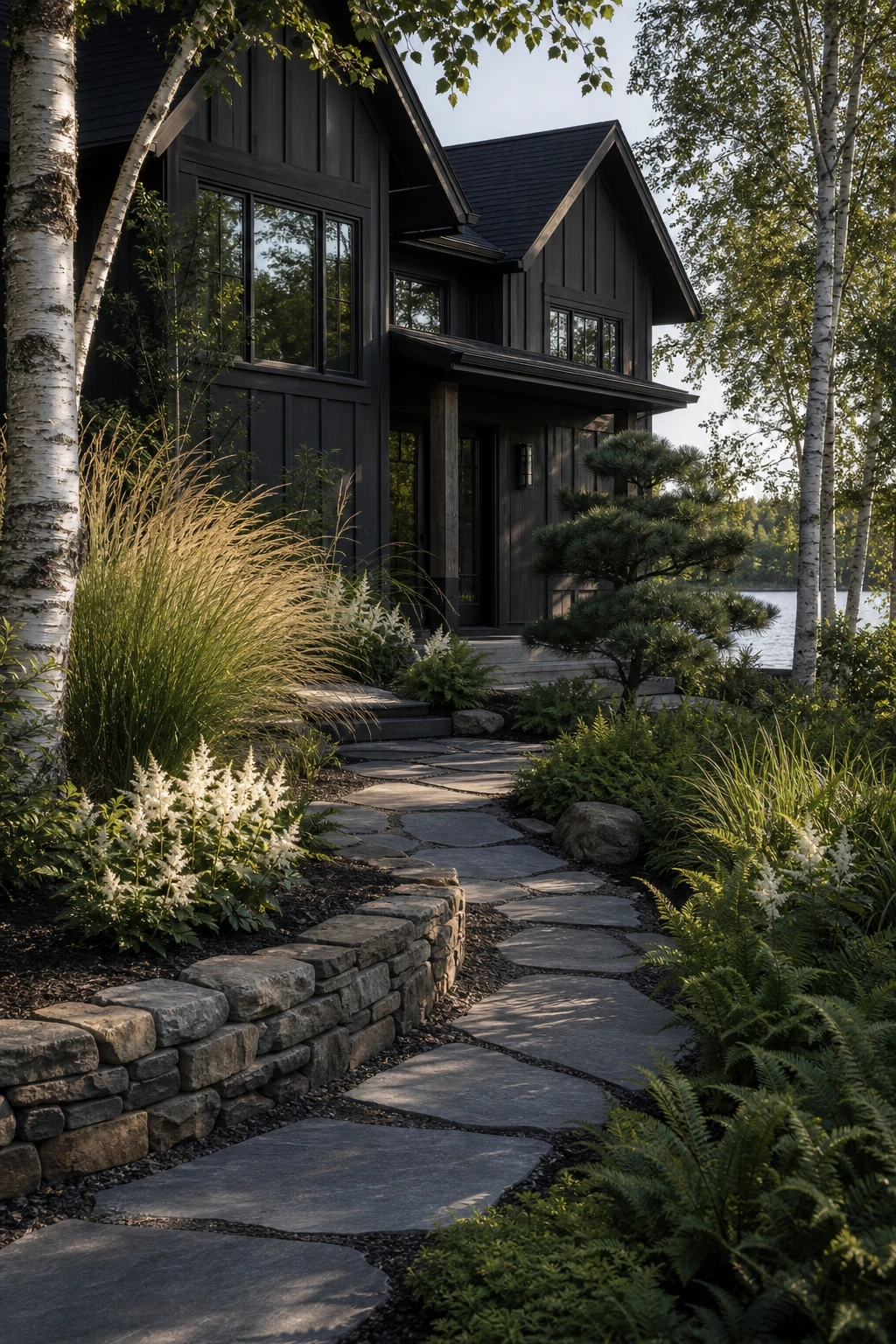 Dark lake house exterior with bold landscaping featuring ornamental grasses, dark mulch beds, stone pathways and Farrow Ball Liquorice painted facade